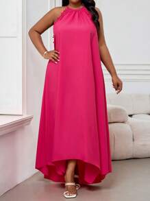 SHEIN Lady Vestidos largos asimétricos de encaje contrastante, floreados y holgados con escote halter en estilo boho elegante, para mujer, ideales para primavera, verano, playa y vacaciones. - Rosa Fucsia - Ver 3