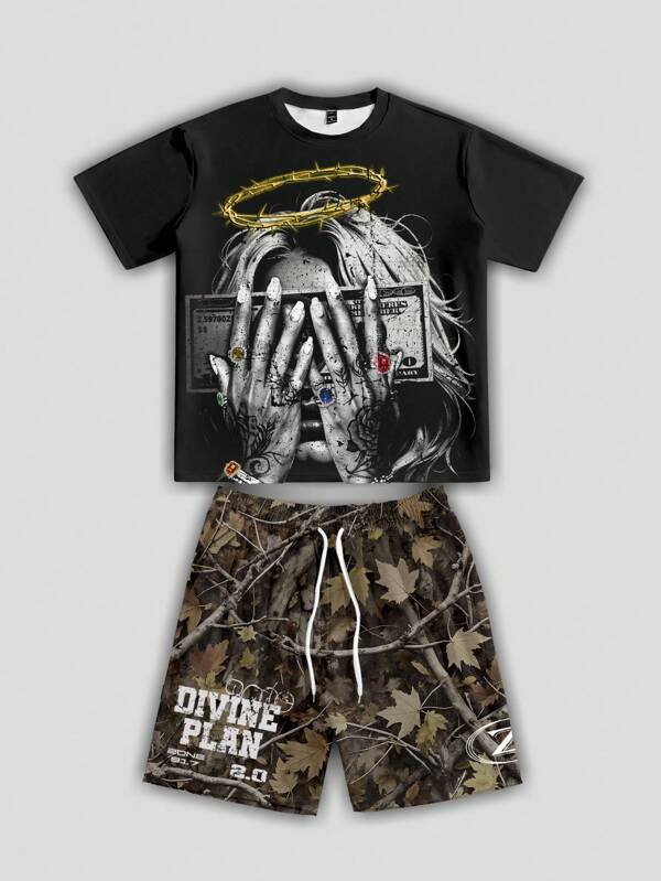 Manfinity ZONE917 2pcs/Set Men's Summer Figure Print Round Neck Short Sleeve Casual T-Shirt And Drawstring Waist Shorts Set