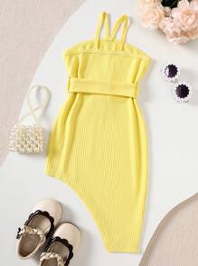 SHEIN Rochie decorativă cu curea și tiv asimetric în culoare solidă pentru fete tinere
