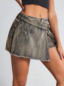 SHEIN Tall 女士做旧牛仔裹身工装短裤 - 藍色 - 查看 4