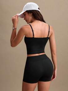 Gameset SHEIN Sport 2 件可调节肩带运动标语印花吊带背心和常规短裤运动服套装，适合春夏季女士健身套装 - 黑色 - 查看 2