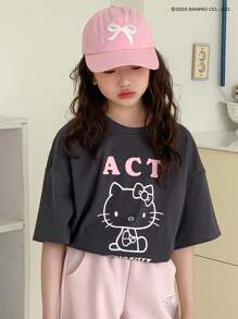 HELLO KITTY | DAZY 青少年女孩图案印花针织圆领短袖 T 恤，春夏季，返校服装 - 深灰色 - 查看 6