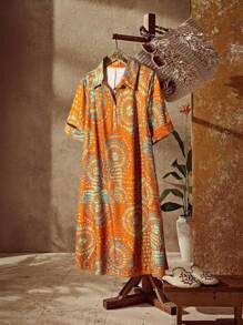 EMERY ROSE Vestido-camisa plus size feminino casual com estampa geométrica circular, adequado para passeios casuais diários/viagens de férias, gola de camisa, laranja tropical do sudoeste
