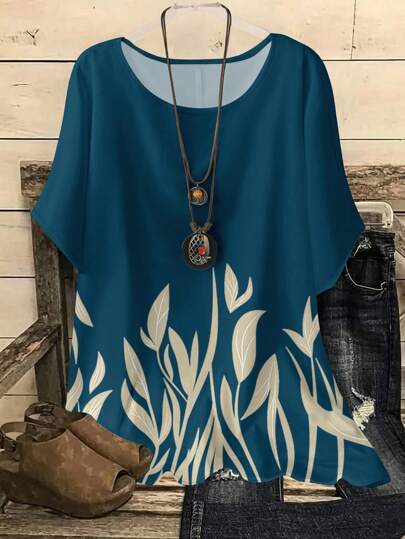 EMERY ROSE بلوزة نسائية بياقة مستديرة بطبعة أوراق، مناسبة للصيف والخروج، بلوزات أنيقة للنساء، كاجوال