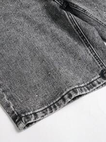 Chillumni Men's Rhinestoned Pocket Casual Versatile Denim Shorts Rhinestone Jeans - Dark Grey - View 4