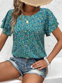 SHEIN LUNE Ditsy Floral 圆领双层荷叶边盖袖衬衫 - 彩色 - 查看 4