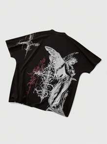 ROMWE MEN Goth Camiseta de manga corta con estampado de alas de murciélago para hombres, ropa casual para primavera y verano