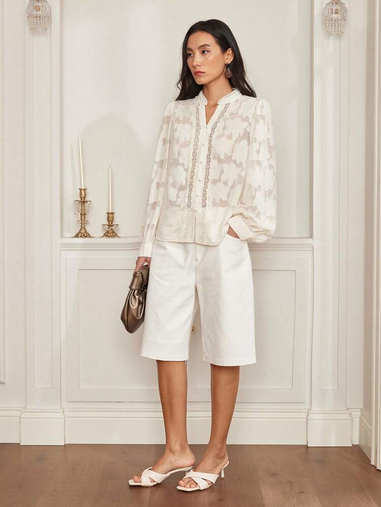 Elegant Lace Patchwork Pearl Button Texture Long Sleeve Business Casual Women Shirt For Summer Commuting,Fall Women Clothes