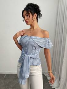Selianne 女式条纹露肩纽扣系带衬衫 - 藍色 - 查看 4