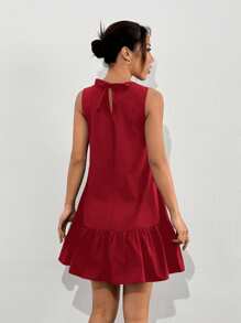 SHEIN EZwear 玫瑰红色梭织休闲棉麻迷你娃娃裙，女式直筒连衣裙 - 玫瑰紅 - 查看 2