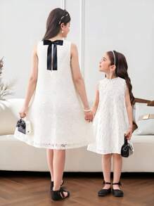 Tween Girl Textured Butterfly Pattern Crew Neck Sleeveless Fitted Casual Dress