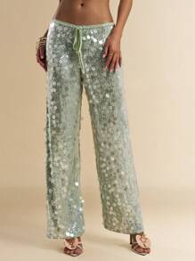 SHEIN BAE Women's Low Waist Sequin Palazzo Pants For Beach Vacation, Summer Sage Green Dress - Green - View 4