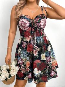 SHEIN VCAY 大码度假休闲花卉印花吊带裙 - 彩色 - 查看 4