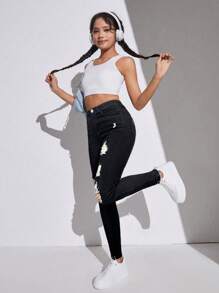 SHEIN Black Ripped Skinny Denim Jeans For Teen Girls, Featuring A High-Waisted Design, Zipper Fly, And Stylish Distressed Details Perfect For Streetwear. - Black - View 4
