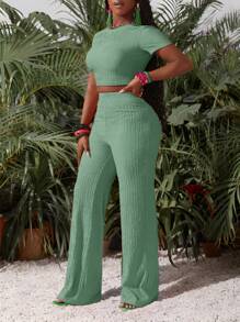 Slaydiva 新款休闲基础运动风春夏圆领短袖截短T恤+阔腿超长裤玫红色条纹纹理针织面料女两件套-I - 綠色 - 查看 8