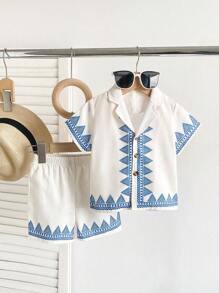2pcs Baby Boy Vacation Casual Geometric Print Shirt & Shorts Set, Spring/Summer - Apricot - View 9