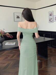 Modelyn Women's Off Shoulder Ruched Waist Elegant Long Dress, Suitable For Wedding Or Date - Mint Green - View 2