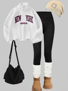 SHEIN Set de 2 piezas para niñas preadolescentes que incluye sudadera con cuello alto con estampado de letras y gráficos forrada térmicamente, y leggings negros para deporte, para otoño/invierno
