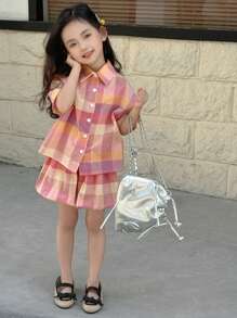 Dazy Kids 2 pièces/Set Chemise à manches courtes boutonnée à carreaux et short assorti pour jeune fille, tenues d'été pour filles