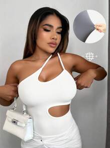 SHEIN SXY 女士纯色时尚紧身衣，适合夏季 - 白色 - 查看 3