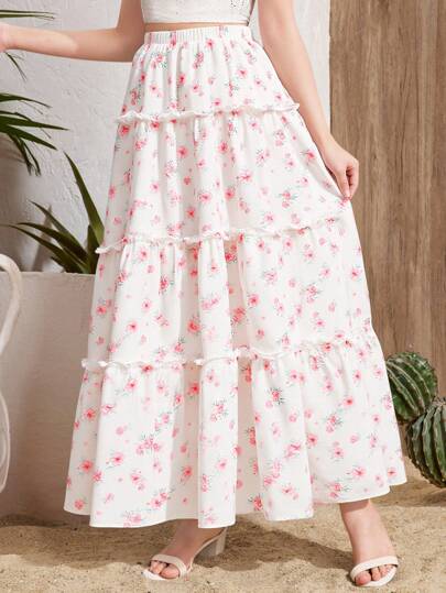 SHEIN TEENGIRL Pink Ditsy Floral Skirt, Suitable For Spring/Summer, Vacation Style