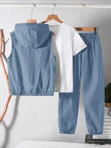 Compra 2 y llévate 1 gratis, Set de 3 piezas para niños preadolescentes con sudadera con capucha y cremallera, chaleco y pantalones de cintura elástica de estilo escolar casual, cómodo, de moda simple y práctico, con camiseta básica gratis, adecuado para otoño, primavera, verano, uso diario, al aire libre, escuela, calle, fiesta, hogar