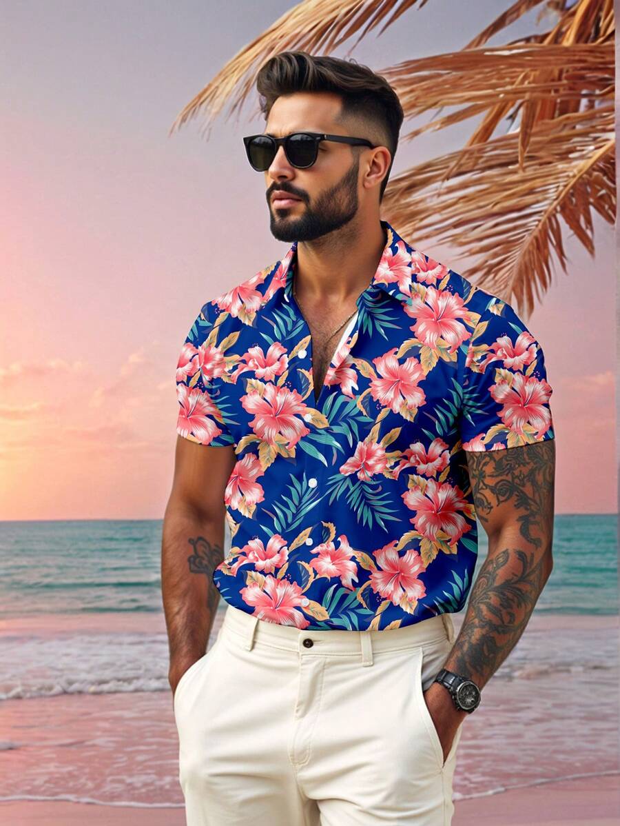 Manfinity RSRT Men's Tropical Plant Print Short Sleeve Single-Breasted Shirt For Vacation Men Tropical Shirts Hawaiian Shirts For Men Beach Shirts For Men - Multicolor - View 1