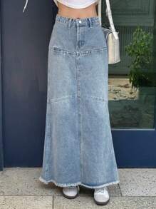 DAZY 浅色水洗牛仔直筒半身裙，撞色拼接，毛边下摆