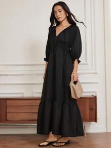DAZY Summer Elegant Business Casual V-Neck Tie Ribbon Drawstring High-End Commuting Patchwork Ruffle Hem Long Dress For Women Maxi Dress - Black - View 1