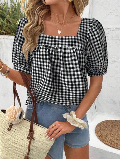 SHEIN LUNE Women's Casual Square Collar Plaid Basic Short Sleeve Blouse, Spring/Summer,Casual
