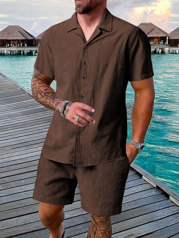 Manfinity Homme 2pcs/Set Men Summer Solid Color Button-Up Shirt And Shorts Summer Two Pieces Set For Men Two Pieces Short Sets Men's Vacation Outfits Vacation Outfit For Men Shirt And Shorts Set For Men