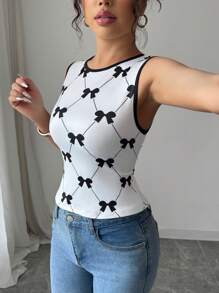 Elenzga Elegant Sexy Hollow Bowknot Camisole, Backless Design, Suitable For Graduation, Independence Day, Casual & Work - Black and White - View 3