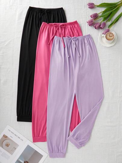 SHEIN 3pcs/Set Women Casual Home Cozy Pants, Simple Design Three Color Elastic Waist, Fall Winter Clothes