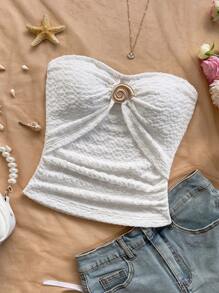 Soleia 女士度假白色针织纹理面料紧身胸衣上衣，带金属贝壳扣装饰，合身褶饰短款时尚上衣，适合派对、约会、下午茶、海滨、夏季、波西米亚风