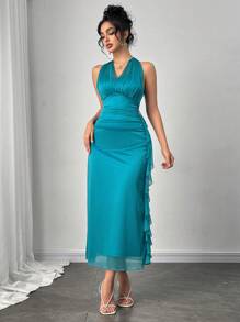 Modelyn Đầm suông màu trơn cổ yếm, eo nhún, viền bèo cho nữ - Màu xanh lam - Xem 7