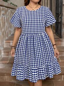 SHEIN LUNE Plus Size Summer Casual Plaid Ruffle Hem Short Sleeve Dress,Sun Dresses For Women - Navy Blue - View 4