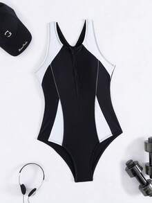 Swim SPRTY 1 件黑白撞色优雅简约连体泳衣，运动舒适，适合海滩、度假、夏季