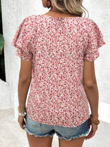 EMERY ROSE Women's Vacation Ditsy Floral Double Layer Ruffle Cap Sleeve Blouse