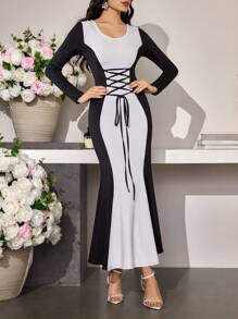 Modelyn Women's Elegant Contrast Color Criss-Cross Long Sleeve Midi Dress - Black and White - View 2