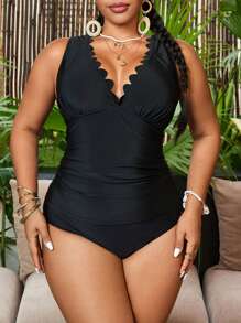 Swim Lushoire 大码女式两件套泳衣，可拆卸衬垫大 V 领花卉蕾丝花边，褶皱胸侧上衣，镂空后背可调节肩带，高腰经典三角形下装，休闲时尚沙滩装 - 黑色 - 查看 3