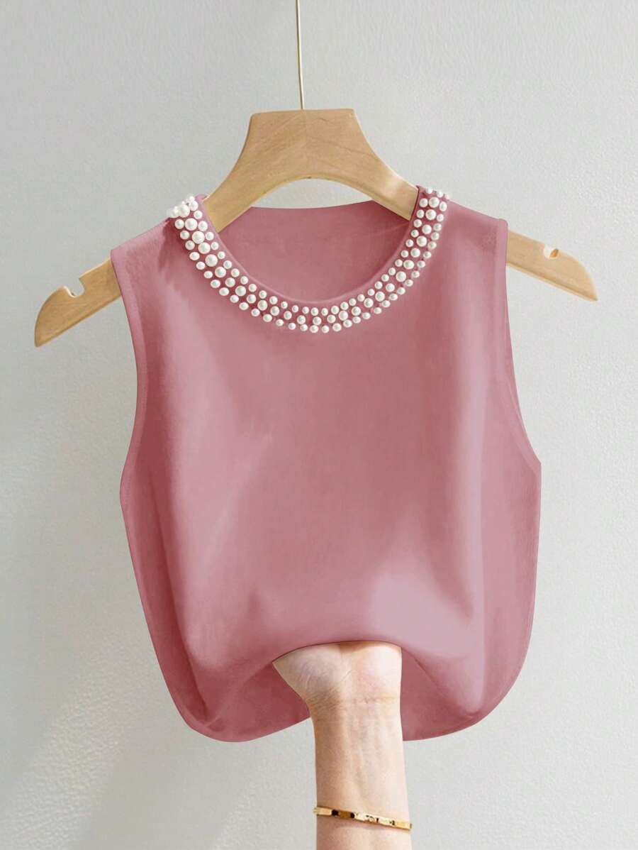 INAWLY Top sin mangas elegante para mujer decorado con perlas, para el verano - Rosa vieja - Ver 1