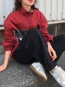 FRIFUL Women's Contrast Color Patchwork Loose Casual Jacket With Drawstring Hem, Graduation/Holiday/Beach Wear