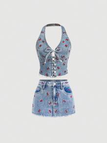 SHEIN MOD Women's Denim Halter Jacket With Front Tie And Cherry Pattern - Blue - View 5