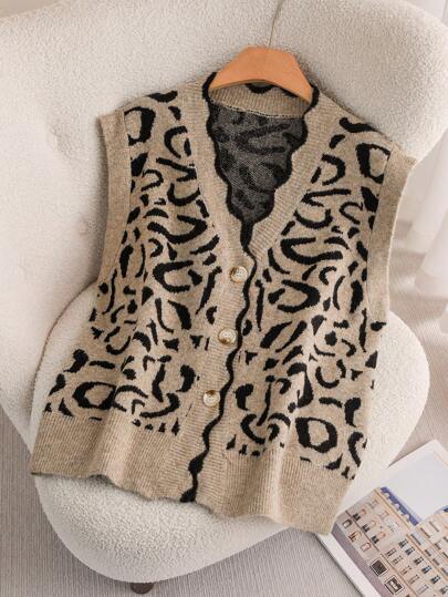 CosyJoli Plus Size Women Casual Elegant French Leopard Print Versatile Knitted Sweater Vest Top In Spring