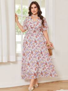 Modelyn Plus Size Women Chiffon Floral Print Ruffle Hem Dress - Multicolor - View 3