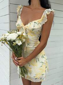 SHEIN EZwear 女士休闲花卉印花迷你连衣裙，夏季 - 黃色 - 查看 6