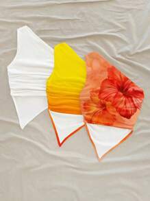 Soleia 3pcs/Set Women Asymmetrical Neck Asymmetric Hem Tops Combo: Orange Hibiscus Print, Sunset Gradient Print, White Tee. Suitable For Seaside Vacation, Vintage, Casual, Sexy, Cute, Coconutgirl Boho, Music Festival Style, Summer - Multicolor - View 2