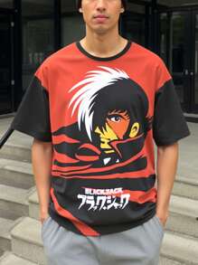 Black Jack X SHEIN Men's Casual Colorblock Figure Graphic And Letter Print Short Sleeve T-Shirt, Summer