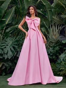 夏季优雅浪漫粉色缎面超大蝴蝶结设计蓬松拖尾连衣裙适合晚餐约会单身派对舞会节日返校季婚礼活动晚礼服（重型工作模型），正式礼服，适合婚礼宾客 - 粉色 - 查看 9