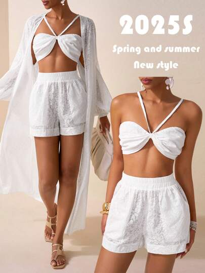Slaydiva 25新款春夏休闲度假性感透视胸打结抹胸背心+直筒短裤+灯笼袖口长袖高开衩侧开衫外套白叶图案梭织面料三件套女-B